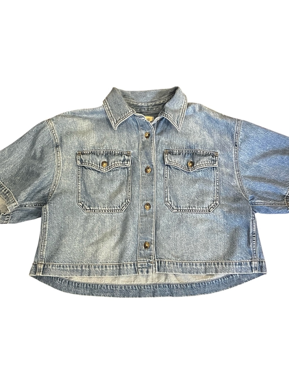 Madewell Boxy Cropped Denim Shirt Short Sleeve Hallstead Wash L Utility - Picture 3 of 11